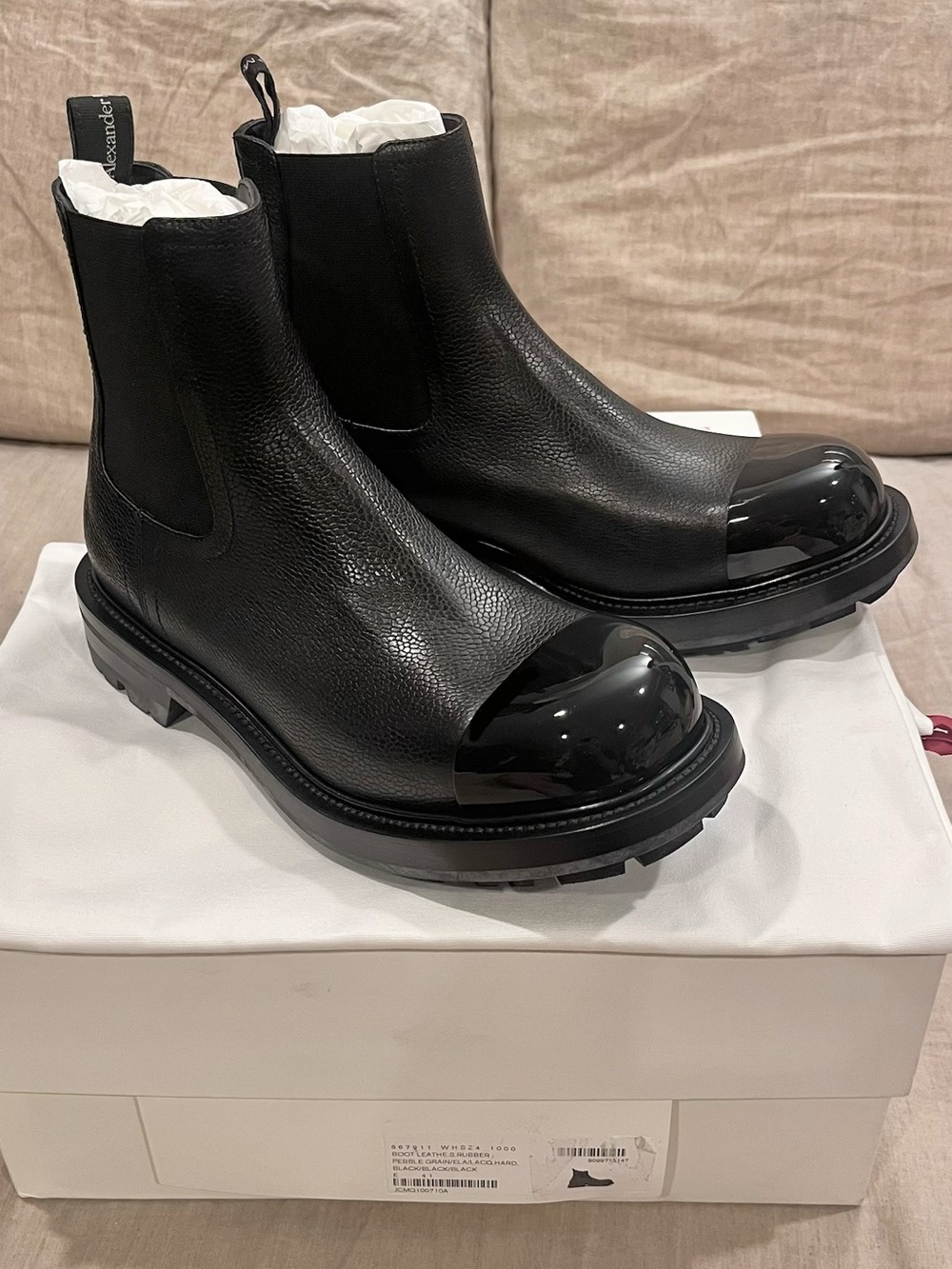 $1390 Alexander McQueen Chelsea Boot with Lacquered Enamel Toe Cap